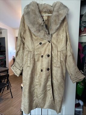 Women’s Bellivera Faux Suede/Fur Collar Beige Long Belted Coat